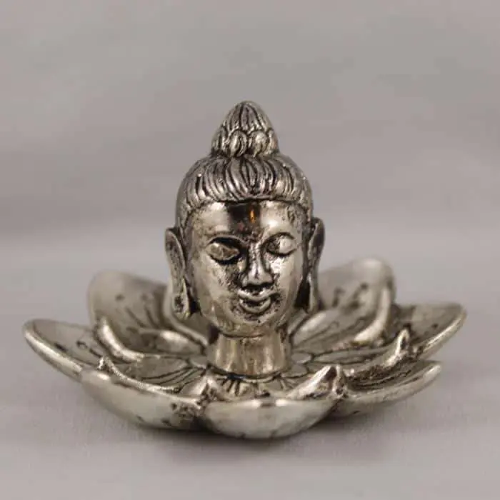 Incense Holder- White Metal Buddha Head On Lotus